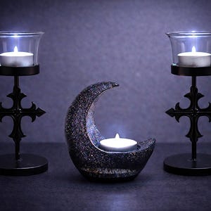 Black Crescent Moon LED Tea Light Candle Holder, Gothic Gifts, Witchy Gifts, Dark Home Decor, Halloween Shelf Decor, New Age Celestial Decor image 10