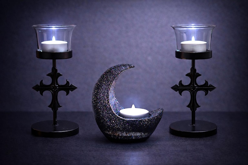 Black Crescent Moon LED Tea Light Candle Holder, Gothic Gifts, Witchy Gifts, Dark Home Decor, Halloween Shelf Decor, New Age Celestial Decor image 10