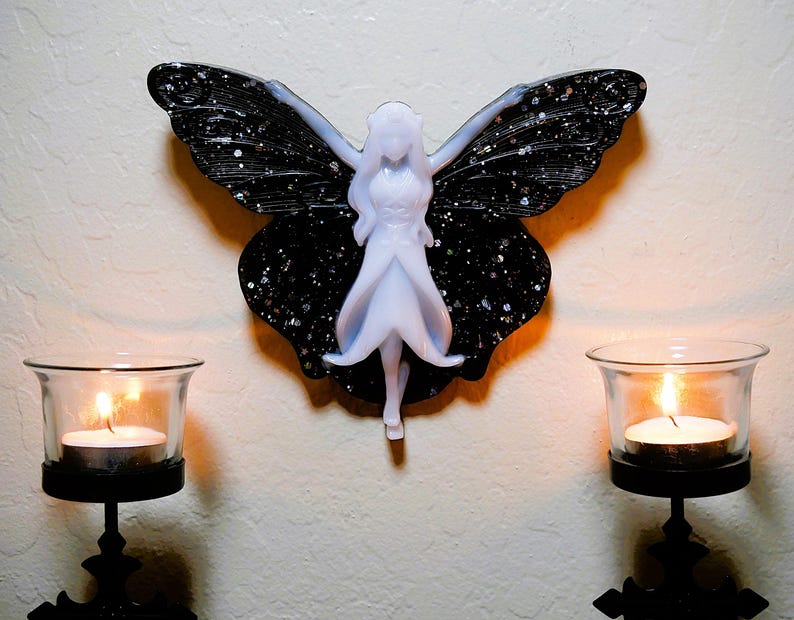 Handmade Resin Gothic Fairy Wall Decor, Black Glitter Fantasy Wall Art, Halloween Home Decor, Witchy Gifts, Teen Gothic Gifts image 10