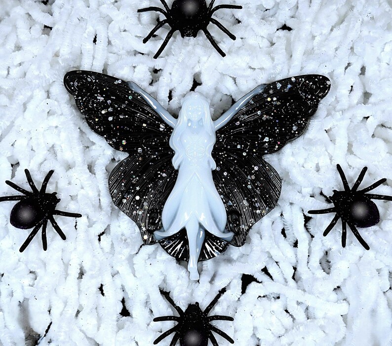 Handmade Resin Gothic Fairy Wall Decor, Black Glitter Fantasy Wall Art, Halloween Home Decor, Witchy Gifts, Teen Gothic Gifts image 3
