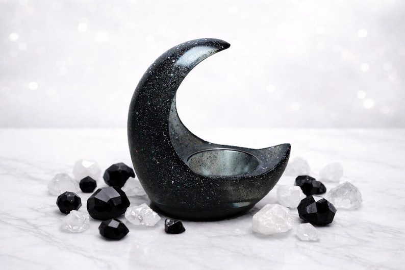 Black Crescent Moon LED Tea Light Candle Holder, Gothic Gifts, Witchy Gifts, Dark Home Decor, Halloween Shelf Decor, New Age Celestial Decor image 2