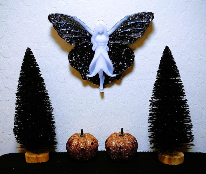 Handmade Resin Gothic Fairy Wall Decor, Black Glitter Fantasy Wall Art, Halloween Home Decor, Witchy Gifts, Teen Gothic Gifts image 8