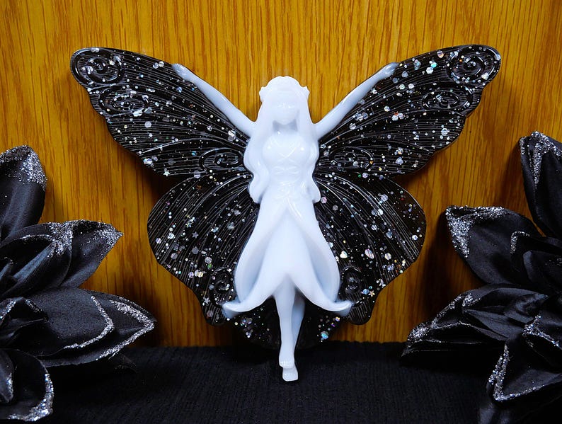 Handmade Resin Gothic Fairy Wall Decor, Black Glitter Fantasy Wall Art, Halloween Home Decor, Witchy Gifts, Teen Gothic Gifts image 1