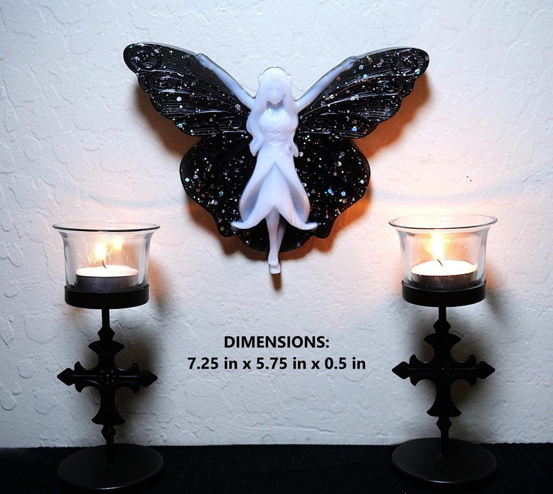 Handmade Resin Gothic Fairy Wall Decor, Black Glitter Fantasy Wall Art, Halloween Home Decor, Witchy Gifts, Teen Gothic Gifts image 9