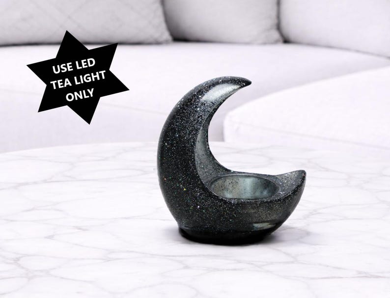 Black Crescent Moon LED Tea Light Candle Holder, Gothic Gifts, Witchy Gifts, Dark Home Decor, Halloween Shelf Decor, New Age Celestial Decor image 8