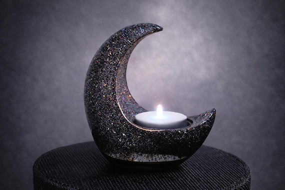 Black Crescent Moon LED Tea Light Candle Holder, Gothic Gifts, Witchy Gifts, Dark Home Decor, Halloween Shelf Decor, New Age Celestial Decor