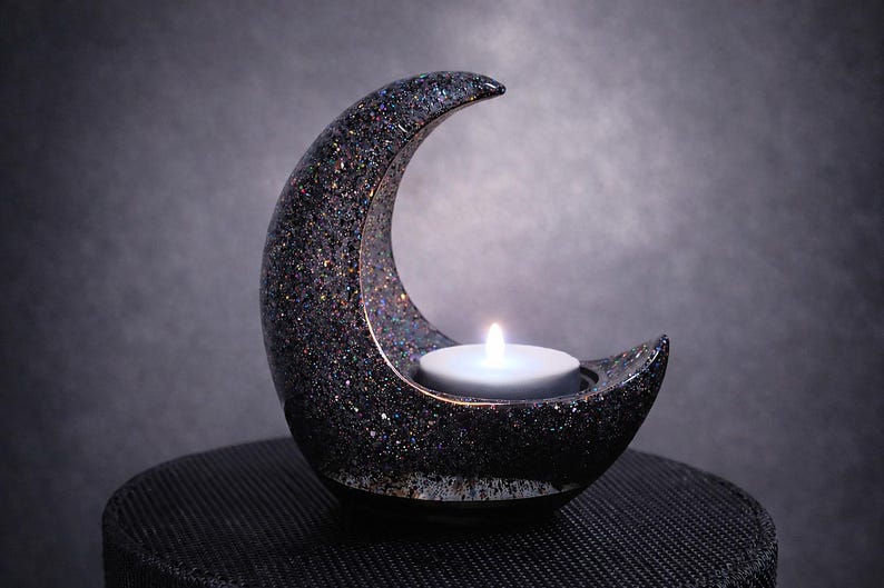 Black Crescent Moon LED Tea Light Candle Holder, Gothic Gifts, Witchy Gifts, Dark Home Decor, Halloween Shelf Decor, New Age Celestial Decor image 1