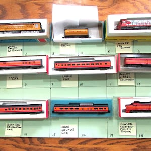 Vintage N Scale Con-Cor Union and Southern Pacific and Sante Fe Train Engines and Cars Sold by the Piece