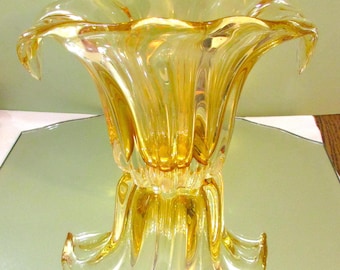 Bol/vase vintage en verre ambré soufflé à la main avec poignées pliées