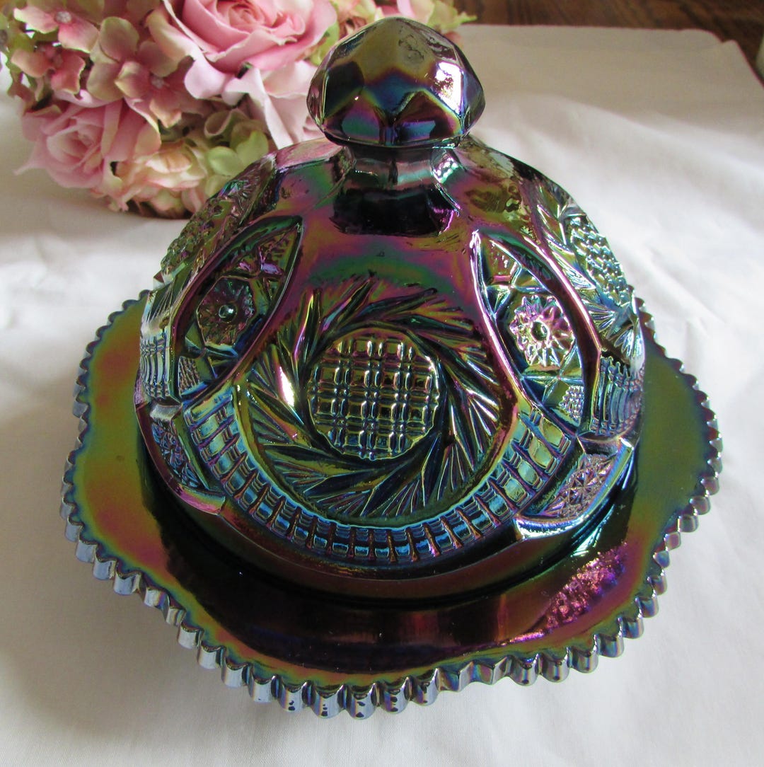 Vintage Purple Amethyst Carnival Glass Dome Butter Dish Aztec Sunburst ...