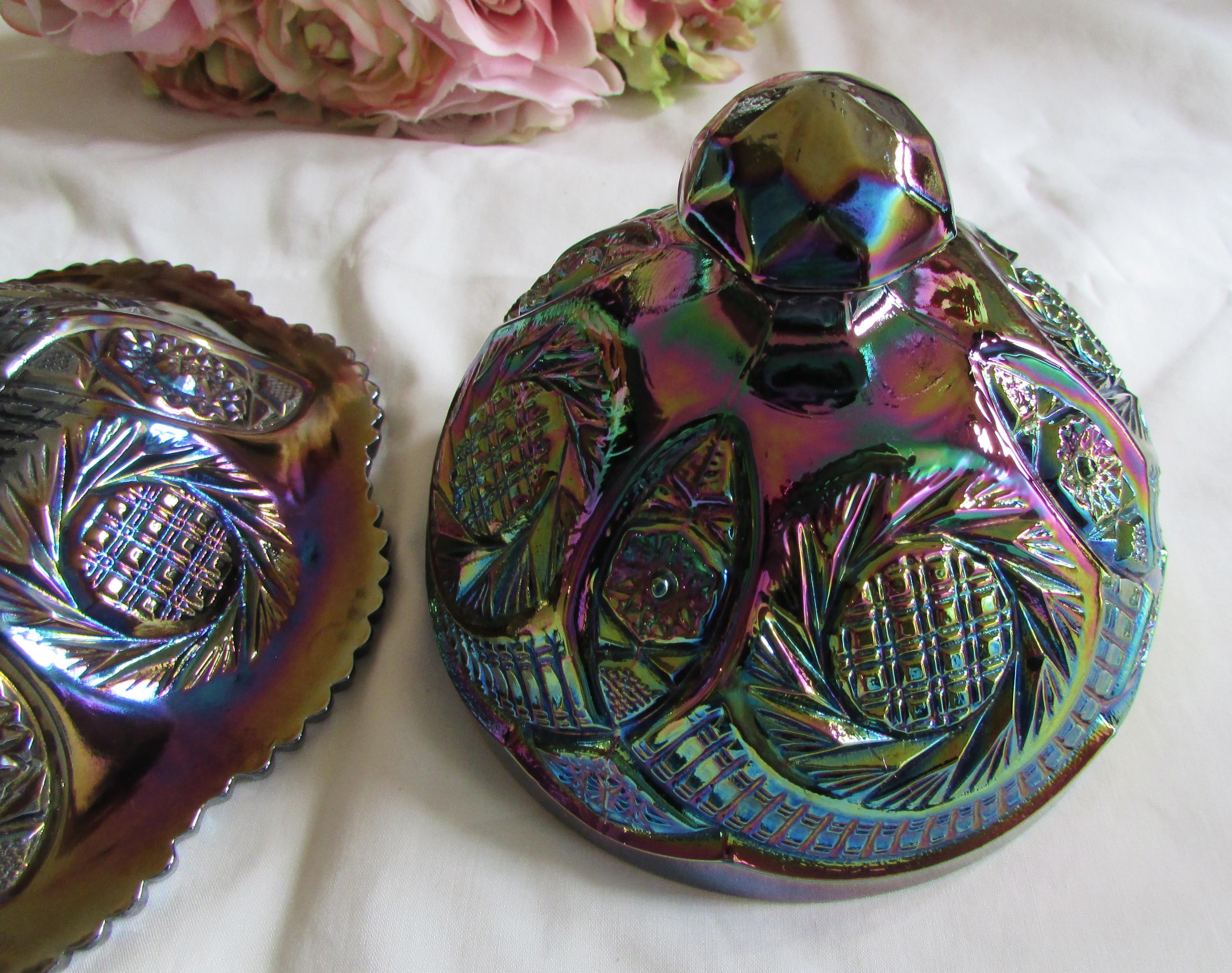 Vintage Purple Amethyst Carnival Glass Dome Butter Dish Aztec Sunburst ...