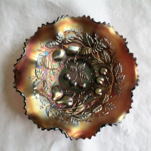 Blue Amethyst Three Fruits Carnival Glass Bowl Super Color