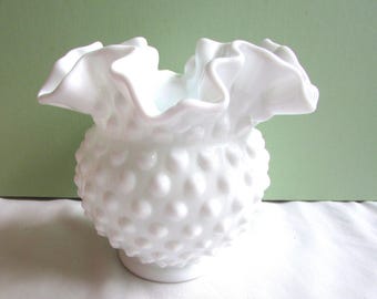 Vintage Fenton Milk Glass Ruffled Edge Hobnail Vase 4 1/2"H x 4 3/4"w