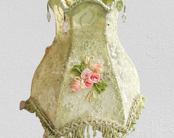 Vintage Lace and Flowered Ribbon with Plastic Prisms Lamp Shade