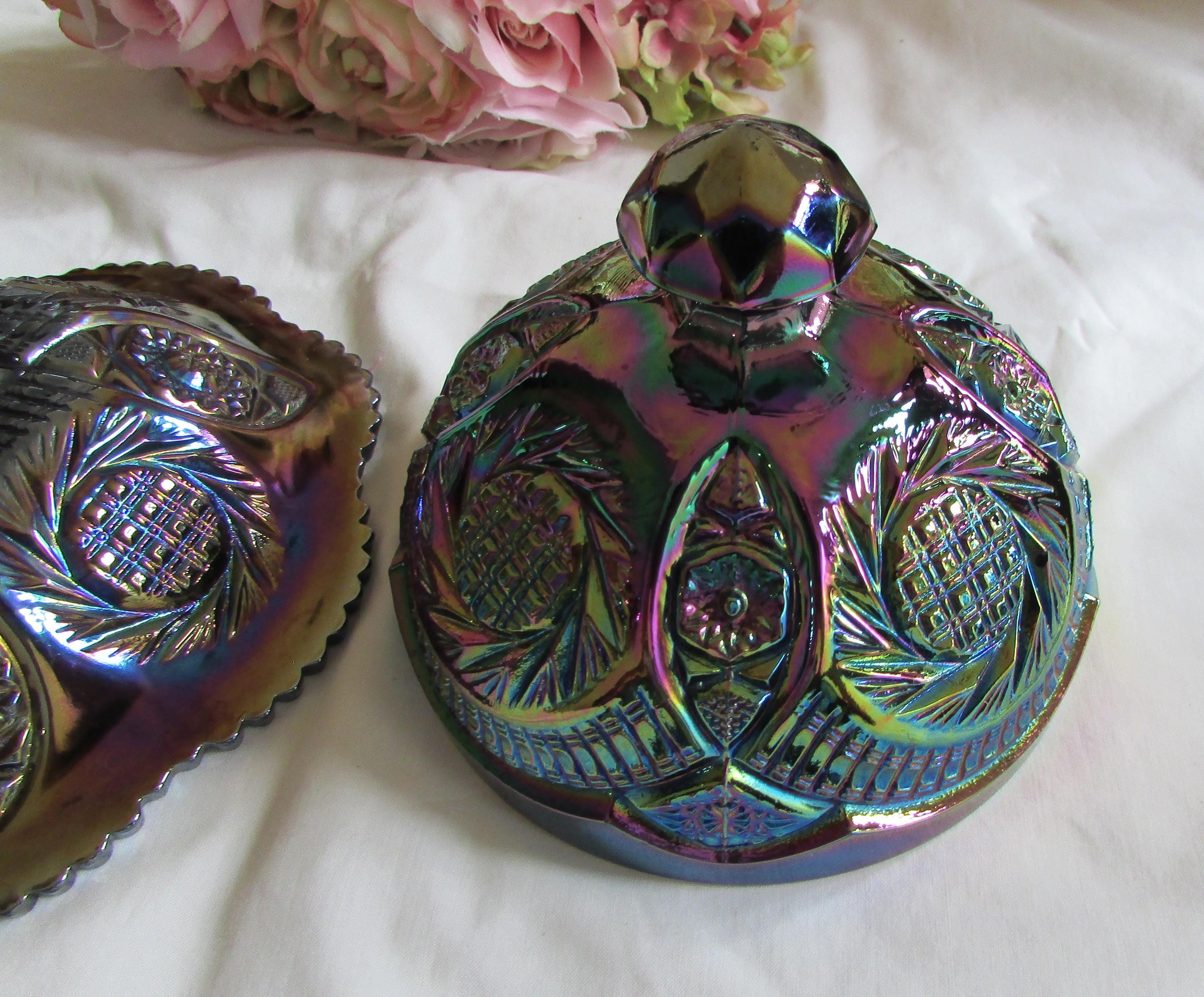 Vintage Purple Amethyst Carnival Glass Dome Butter Dish Aztec Sunburst ...