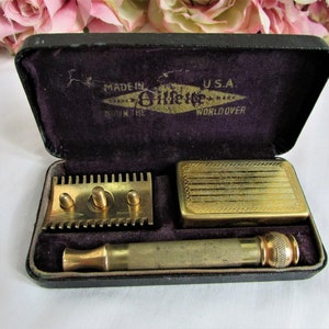 Vintage Gillette Gold Tone Ball End 3-Piece DE Safety Razor w Case