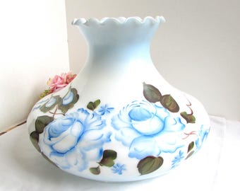 Vintage Blue Floral  White Hand Painted Floral 14" Glass Shade