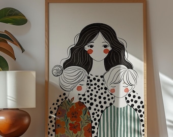 Mother Portrait, Poster with Children, Family Illustration, Gift for Moms, Gift for her, Mother and Daughter, Mother and Son, Mom Gift