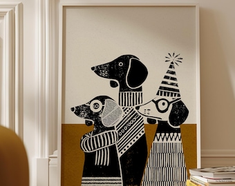 Mid Century Modern Dog Print, Funny Party Animal Wall Art, Scandinavian Style Pet Poster