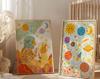 Set of 2 - Space Nursery Art Prints: Bunny & Solar System