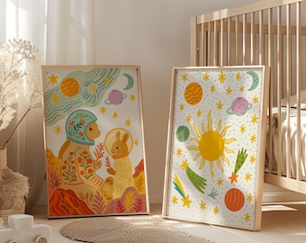 Set of 2 - Space Nursery, Astronaut, Kids Room Wall Art, Outer Space - Digital Download