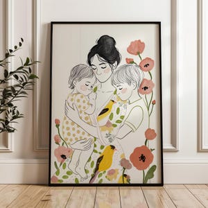 家族の肖像画、花のアクセントが付いた母親と子供たち、お母さんへの贈り物
