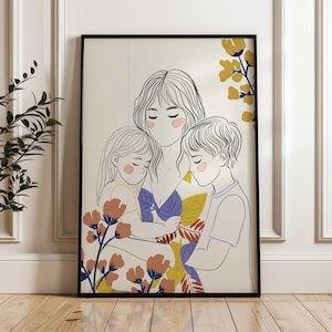 母と子のイラストポスター、お母さんへのプレゼント、母の日のプリント、家族の肖像画