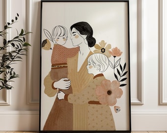 Mother and Sons Line Art Print: Sentimental Family Portrait