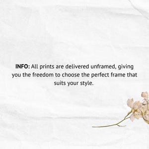 May include: Text on a white textured background that reads "INFO: All prints are delivered unframed, giving you the freedom to choose the perfect frame that suits your style."