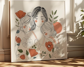 Mother and Daughters Floral Line Art Print: Minimalist Family Portrait