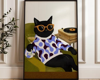 Lustiger Katzen Martini Kunstdruck: Retro Feline Hausbar Dekor