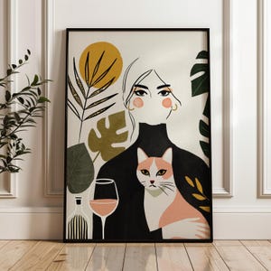 Frau und Katze Kunstdruck, moderne Boho Illustration mit Wein und Pflanzen, stimmungsvolle feminine Wandkunst für Katzenliebhaber & Wohnkultur