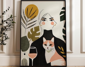 Woman and Cat Art Print: Boho Home Decor for Cat Lovers