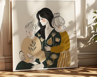 Mother and Children, Family Portrait Poster, Minimalist Art, Line Art
