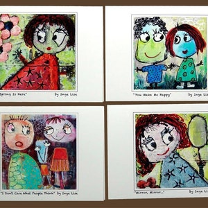 Tarjetas con cabezas de burbujas enamoradas: La primavera está aquí, Me haces feliz, No me importa lo que piense la gente, Espejito, espejito