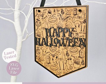 Halloween Wimpelkette | Laser geschnitten SVG-Datei | Glückliche Halloween-Flagge | Halloween Scored Design Laser-Datei | Halloween Laser SVG Einfach | Wimpel