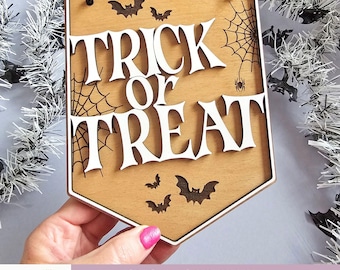 Halloween Süßes oder Saures Wimpel Flagge Zeichen SVG-Datei | Halloween Schnittdatei Laserfertig | Gruselige SVG | Süßes oder Saures Flagge | Fröhliches Halloween