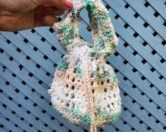 Handmade Crochet Foraging Bag, Cotton Wristlet Drawstring Bag