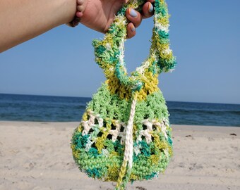 Handmade Crochet Foraging Bag, Cotton Drawstring Wristlet