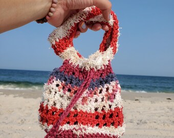Handmade Crochet Foraging Bag, Cotton Wristlet Drawstring Bag