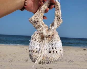 Handmade Crochet Foraging Bag, Cotton Beach Bag, Drawstring Wristlet