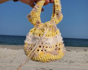 Handmade Cotton Crochet Foraging Bag, Beach Seashell Collecting Bag