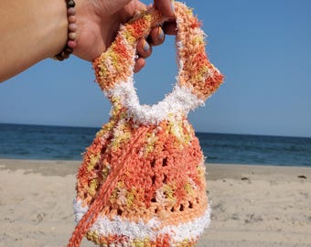 Handmade Crochet Foraging Bag, Seashell Collecting, Drawstring Wristlet