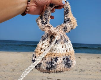 Handmade Crochet Wristlet Bag, Cotton Foraging Beach Bag