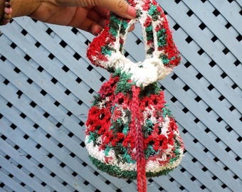 Handmade Crochet Foraging Bag, Cotton Drawstring Wristlet