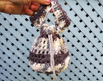 Handmade Crochet Foraging Bag, Cotton Drawstring Wristlet