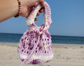 Handmade Crochet Foraging Bag, Cotton Drawstring Wristlet