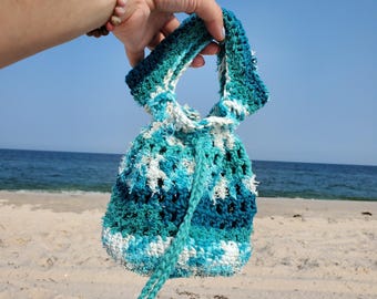 Handmade Crochet Foraging Bag, Cotton Seashell Collecting Drawstring Bag