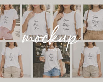 Vit casual livsstil Bella Canvas 3001 skjorta mockup bunt t-shirt mockup dam t-shirt mockup utomhuslivsstil mockup canvas vit mockup
