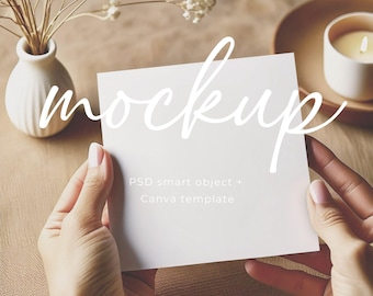 Handheld white square greeting card mockup birthday invitation mockup PSD smart object & Canva minimalist neutral card mock-up